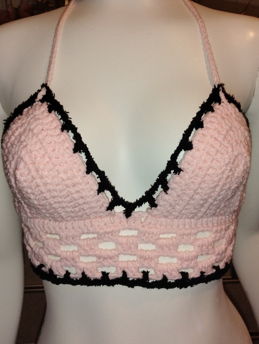 Women’s Crochet Bralette - Pink with Black Trim